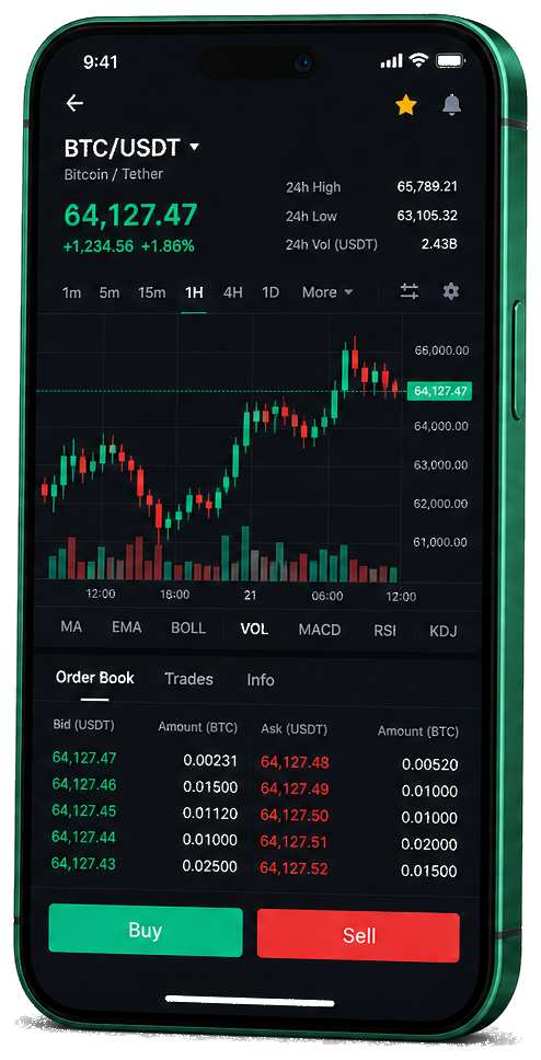 Application mobile Cristal Fondion — graphique BTC/USDT en direct, carnet d’ordres et outils de trading